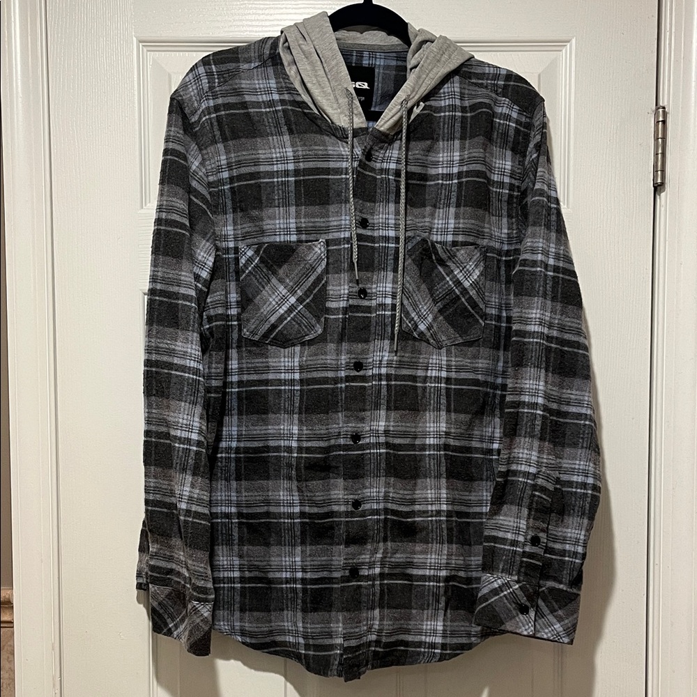 RSQ Blue and Gray Plaid Hooded Flannel Shirt